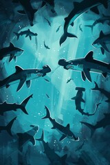 A group of hammerhead sharks, known as a school, are seen swimming together in the deep ocean. The sharks are circling around, displaying their sleek and powerful bodies as they move through the water - obrazy, fototapety, plakaty