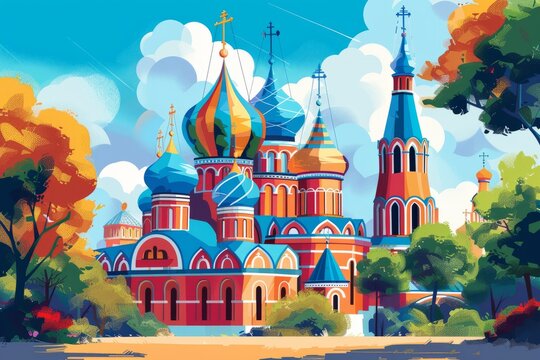 A Russian Orthodox church with colorful onion domes