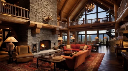 Photo sur Plexiglas Mur chinois Sumptuous log cabin great room with soaring cathedral ceilings of rough-hewn timbers and massive stone fireplace