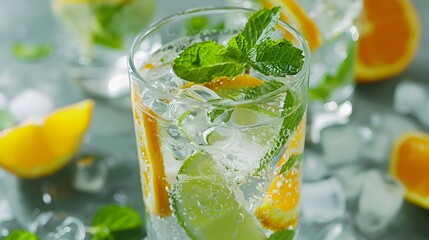 Refreshing summer mojito citrus, mint, ice, and bubbles in glass - obrazy, fototapety, plakaty