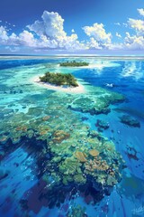 A painting depicting a vibrant coral atoll island standing in the center of the vast ocean, with clear blue waters and a cloud-filled sky above
