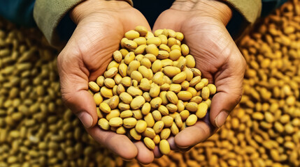 A person is holding a handful of yellow beans - obrazy, fototapety, plakaty