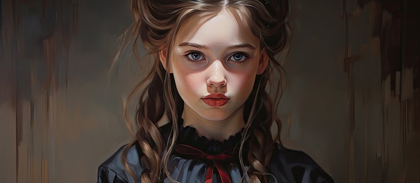 A portrait photography capturing the innocence of a young girl with layered braided hair, a red bow, and delicate eyelashes, set against a dark background creating a striking art piece
