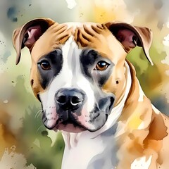 A stunning cute, funny and charming portrait of the American Staffordshire Terrier breed in watercolor style on a white background. Generative AI