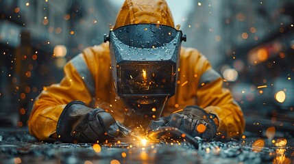 Metal worker welding the iron with spark fire effect - obrazy, fototapety, plakaty
