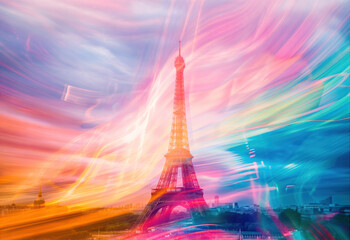Vibrant colorful Eiffel Tower in Paris, France. Romantic travel background, postcard. Travel to French capital 