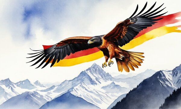 Symbol associated with the country Germany - watercolor illustration. Powerful black eagle soaring above a mountains, symbolizing Germany's strength, unity, and proud history.
