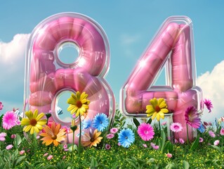 84, cute large numbers, round shape, girlish color, a dreamy background of blue sky and white clouds, 