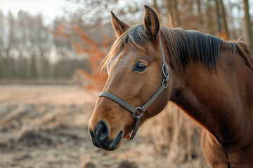 Obraz premium A brown horse with a gentle gaze stands in a natural setting, its mane neatly groomed, exuding calmness.