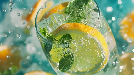 Refreshing summer mojito citrus, mint, ice, and bubbles in glass
 - obrazy, fototapety, plakaty