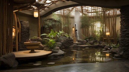 Two-story indoor bamboo garden retreat with stone lanterns, curved bridges, babbling water features...