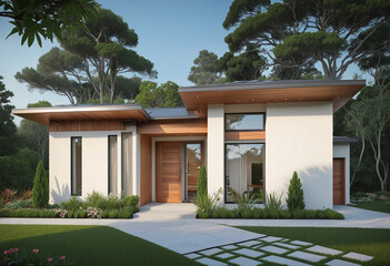 A contemporary dwelling with wooden accents on the outside and attractive gardening. Design of the exterior of a residence.