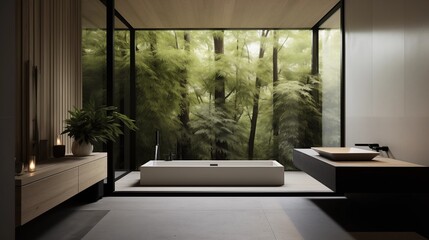 Ultra-minimalist Zen-inspired bathroom with warm white oak wood plank floors