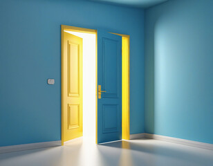 3d render, yellow light going through the open door isolated on blue background. Architectural design element. Modern minimal concept. Opportunity metaphor.