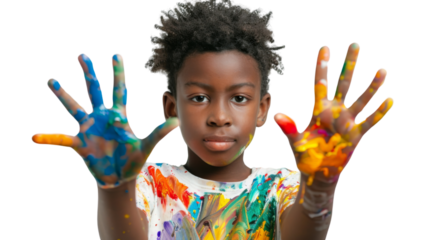Portrait of a child with hands dirty from paint