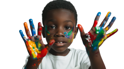 Portrait of a child with hands dirty from paint