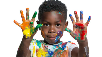 Portrait of a child with hands dirty from paint
