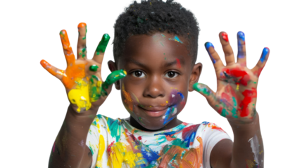 Portrait of a child with hands dirty from paint