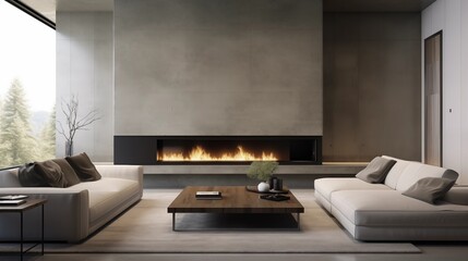 Ultra-modern minimalist living room with polished concrete, sleek fireplace, and hidden AV systems - obrazy, fototapety, plakaty