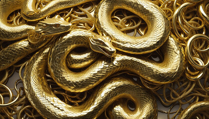3d render, abstract fantasy background with wavy tangled golden snakes, shiny metallic dragon scales texture, fashion wallpaper