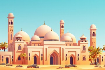 Fototapeta premium A painting showcasing a large, white Arabian desert palace with intricate arches and a domed roof standing out in the desert landscape