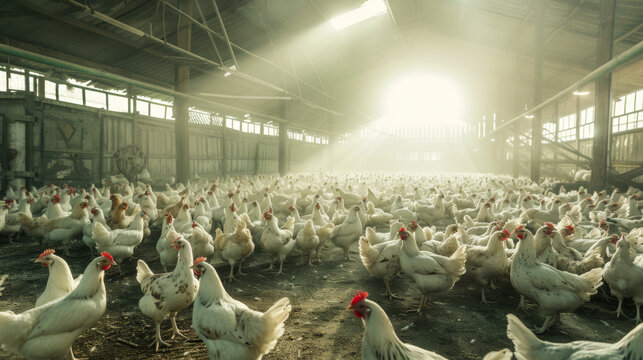 A large flock of chickens are in a barn. The barn is filled with the chickens and the sun is shining through the windows