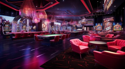 Vegas-inspired casino bar with neon signs, plush lounge seating, and gaming tables