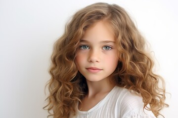 Portrait of a beautiful little girl with long curly hair on a white background