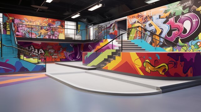 Vibrant indoor skate park with ramps, railings, and graffiti-inspired wall murals