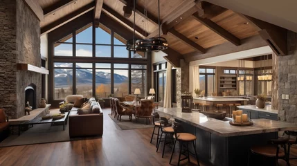 Photo sur Plexiglas Mur chinois Warmly rustic yet modern ranch-style great room with vaulted wood plank ceilings and massive stone fireplace