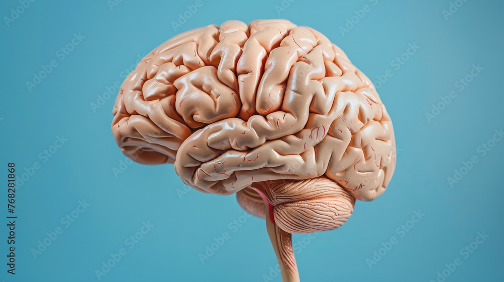 Poster a brain is shown in a close up on a blue background. the brain is pink and fuzzy, giving it a soft a