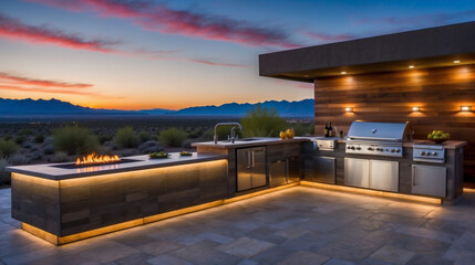 Custom outdoor kitchen at dusk