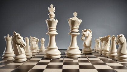 3d illustration, chess game aggressive attack. White king chess piece destroys opponents. Business planning, success concept, political metaphor
