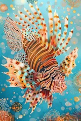A detailed painting of an elegant lionfish with vibrant colors and intricate patterns swimming gracefully on a blue background