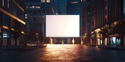 A large blank billboard in the center of an empty city square at night, illuminated by soft white light. Minimalist and modern atmosphere blank white advertising billboard mockup.        