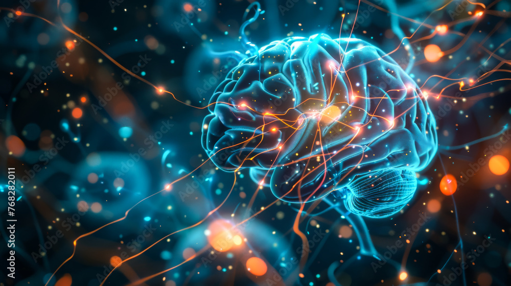 Poster a brain with a blue center and orange and red lines surrounding it. the brain is surrounded by a web