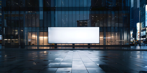 A large blank billboard in the center of an empty city square at night, illuminated by soft white light. Minimalist and modern atmosphere blank white advertising billboard mockup.         - obrazy, fototapety, plakaty