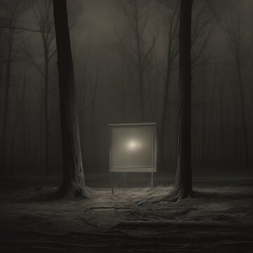 Empty box with ghost light in dark forest