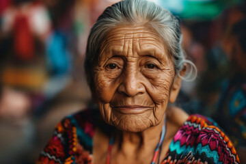 Elderly woman with a wise and serene expression, embodying a lifetime of stories and strength. - obrazy, fototapety, plakaty