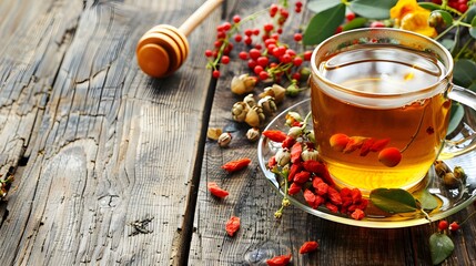 herbal medicine composition linden herb tea, honey, rose hips and goji berries on a old wooden table