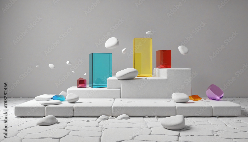 Poster 3d render, abstract background with white broken cobble stones, ruins and colorful glass blocks levitating. Modern minimal showcase with empty podium for product presentation