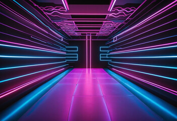 Neon light abstract background. Neon glowing lights stage with 80s retro art. Laser lines and LED technology create glow in dark room. Synthwave style wallpaper background. Cyber club.