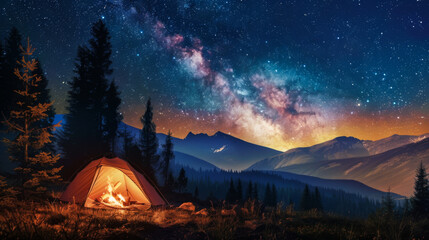 A tent is set up in a field with a beautiful view of the mountains and a starry sky.