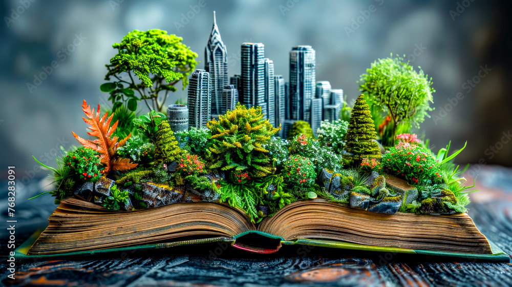 Poster open book with miniature city in the middle of it and trees on top of it.