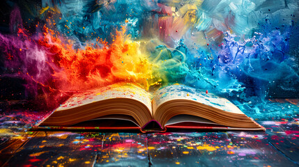 Open book sitting on top of table next to colorful painting. - obrazy, fototapety, plakaty