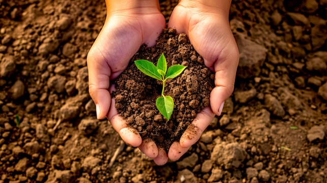 Two hands holding young plant with dirt and dirt ground in the background.