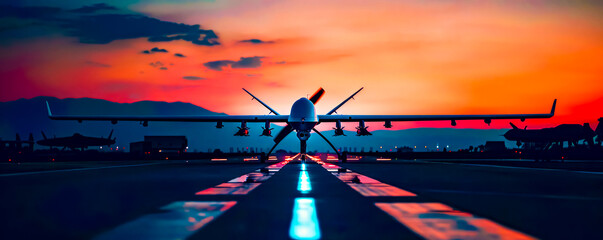Large air plane sitting on top of airport tarmac at sunset. - obrazy, fototapety, plakaty