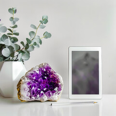 Tablet computer sitting on top of table next to vase filled with flowers.