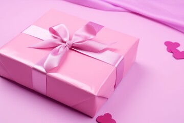 A beautifully wrapped pink gift box with a satin ribbon on a pastel background.