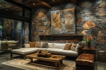 modern living room with a stone accent wall